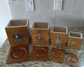 Vintage Set of 4 Mill Grinder Emblemed Wood Nesting Canisters with Lids and Fitted Liner Inserts