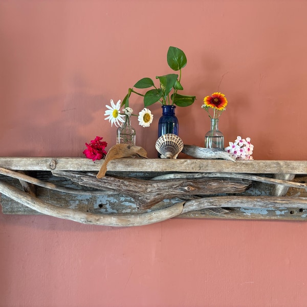 Titled"Among The Reef" Abstract,Driftwood Mantle/Shelf, Hand Crafted, Rhode Island Folk Art Piece, Michael Elliot, Coastal Beach Decor