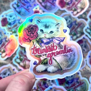 Trinket Gremlin Cat Vintage Kitten Holographic Rainbow Sticker | Waterproof Vinyl