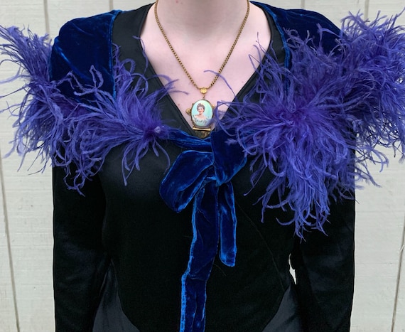 1920s Blue Silk Velvet Marabou Feather Cape Shawl