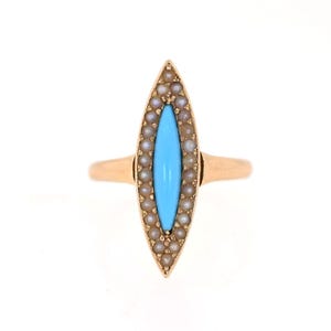 Vintage Turquoise & Seed Pearl Gold Ring