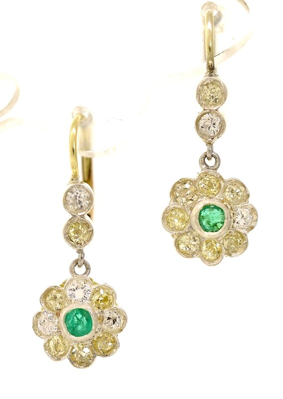 Dangling Cluster Diamond & Emerald Earrings - image 1
