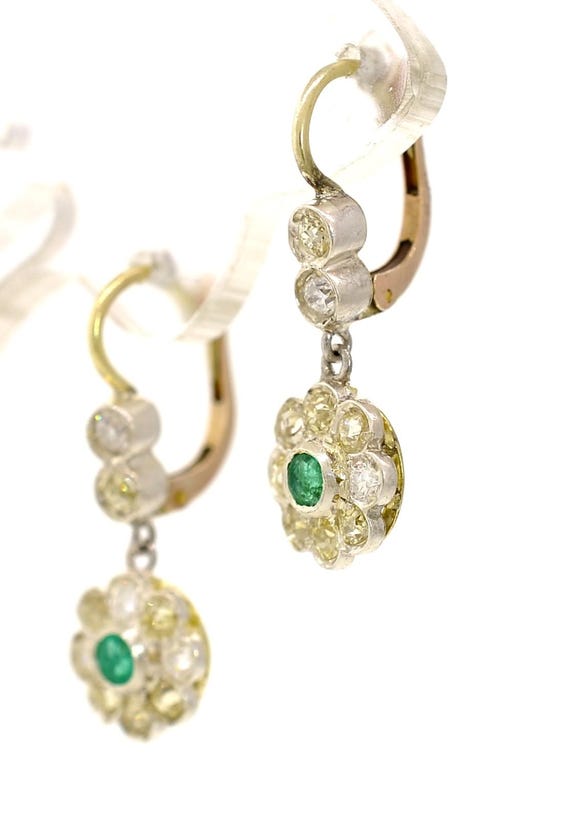 Dangling Cluster Diamond & Emerald Earrings - image 2