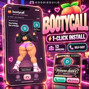 Puede incluir: Una pantalla de smartphone que muestra la interfaz de la aplicación Bootycall con un avatar digital con sudadera negra y pantalones cortos rosas. La pantalla muestra texto como 1-Click Install, 12 Dancers y un aviso de Wanna dance?