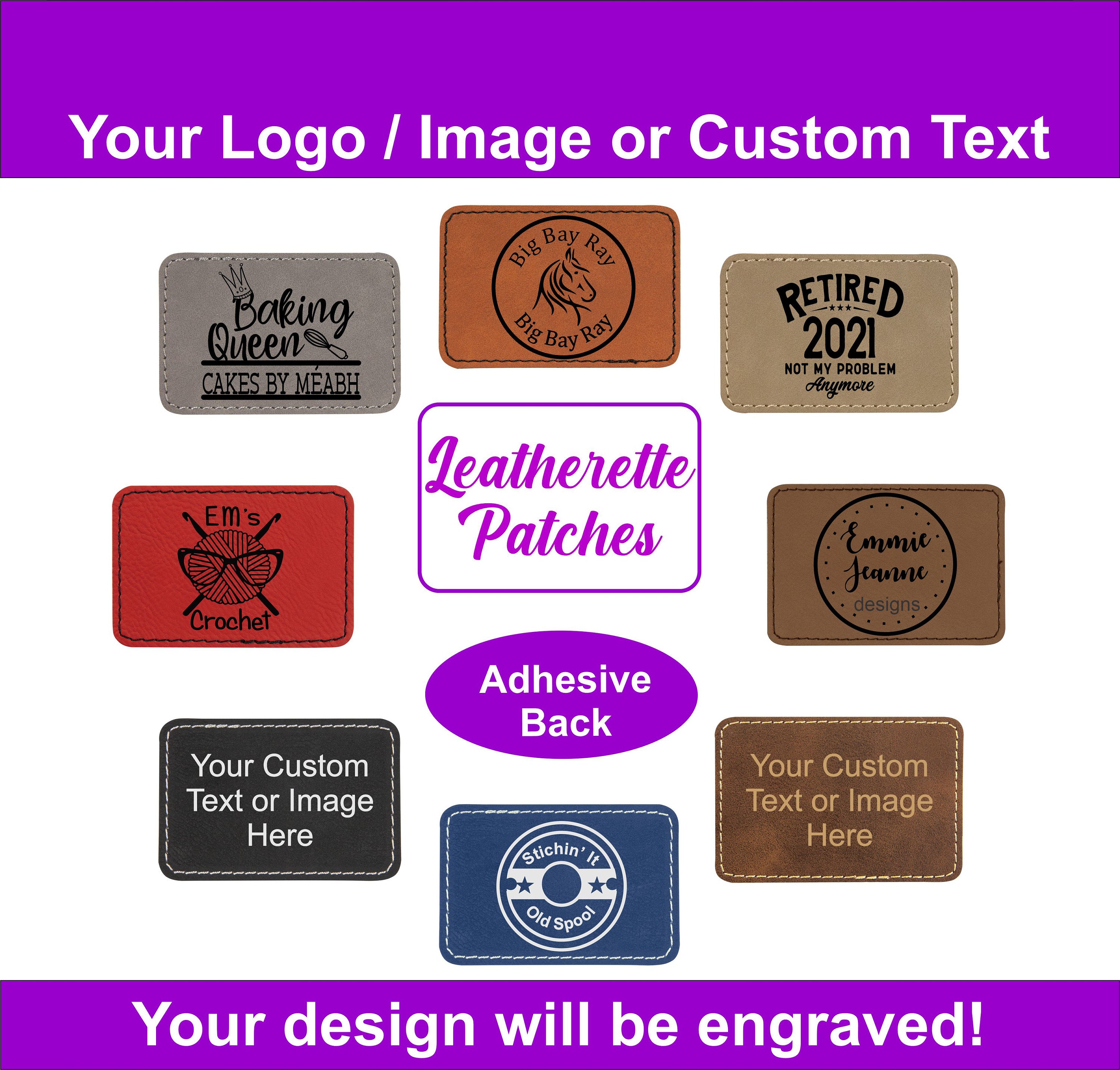 Set of 10 Iron-on Faux Leather Patches 2x2 Laser Cut and Engraved,  Personalized Patches, Custom Patches, Iron-on Patches 