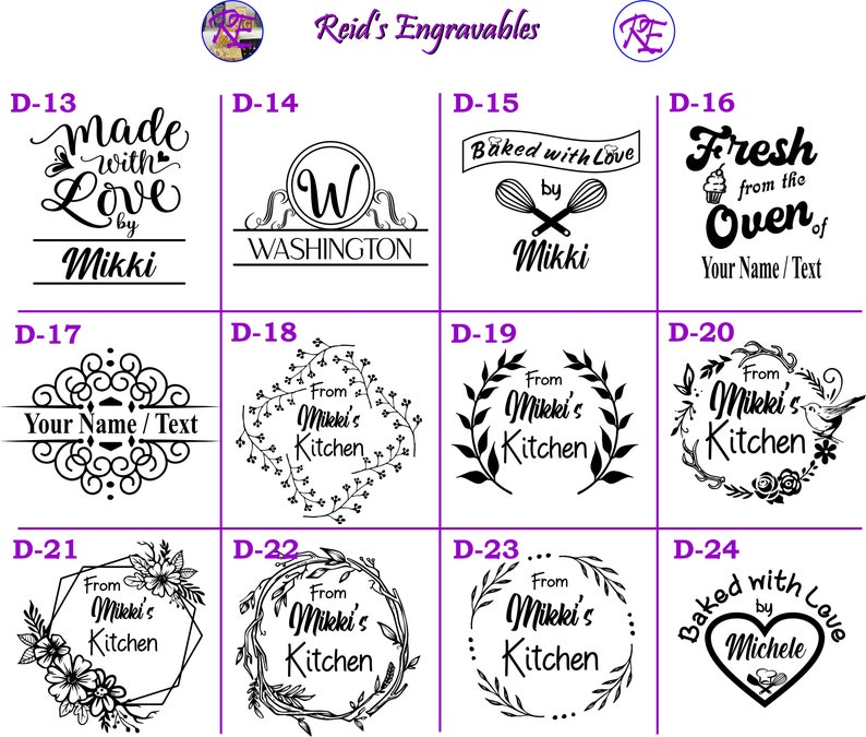 Puede incluir: Un conjunto de 10 dise&ntilde;os de sellos de goma diferentes para hornear y uso en la cocina. Los dise&ntilde;os incluyen texto como "Made with Love by Mikki", "Baked with Love by Mikki", "Fresh from the Oven of", "From Mikki's Kitchen", y "Washington".