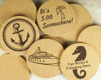 Nautical Coasters - Customised Coasters Personalized, Beer Coaster - Cork Coasters, Engraved Coasters - Housewarming Gift