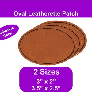 Puede incluir: Parches ovalados de polipiel marrón con borde cosido negro. La imagen muestra varios parches, con el texto "Adhesive Back" y "2 Sizes: 3" x 2" y 3.5" x 2.5" (7,6 cm x 5,1 cm y 8,9 cm x 6,4 cm).