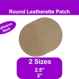 May include: Three brown round leatherette patches with a stitched edge. The patches have an adhesive back and are available in two sizes: 2.5 inches and 3 inches.