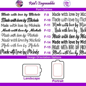 Puede incluir: Un gr&aacute;fico morado y blanco con el texto "Reid's Engravables" y "Opciones de fuente". El gr&aacute;fico muestra 16 opciones de fuente diferentes para el texto "Made with love by Michele". El gr&aacute;fico tambi&eacute;n muestra dos opciones de orientaci&oacute;n de dise&ntilde;o: "Paisaje" y "Retrato".