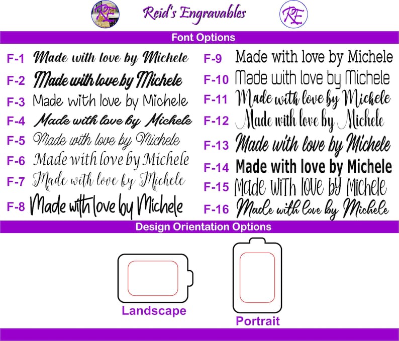 Puede incluir: Un gr&aacute;fico morado y blanco con el texto "Reid's Engravables" y "Opciones de fuente". El gr&aacute;fico muestra 16 opciones de fuente diferentes para el texto "Made with love by Michele". El gr&aacute;fico tambi&eacute;n muestra dos opciones de orientaci&oacute;n de dise&ntilde;o: "Paisaje" y "Retrato".