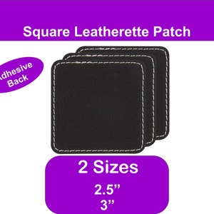 May include: Three black square leatherette patches with white stitching. The patches are 2.5 inches and 3 inches in size. The back of the patches is adhesive.