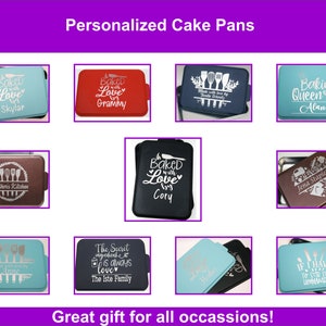 Puede incluir: Una colecci&oacute;n de moldes para pasteles personalizados con varios dise&ntilde;os y textos. Los moldes son de diferentes colores, incluyendo rojo, azul, marr&oacute;n y turquesa. Algunos de los textos incluyen "Baked with Love", "Baking Queen" y "Heather's Kitchen".
