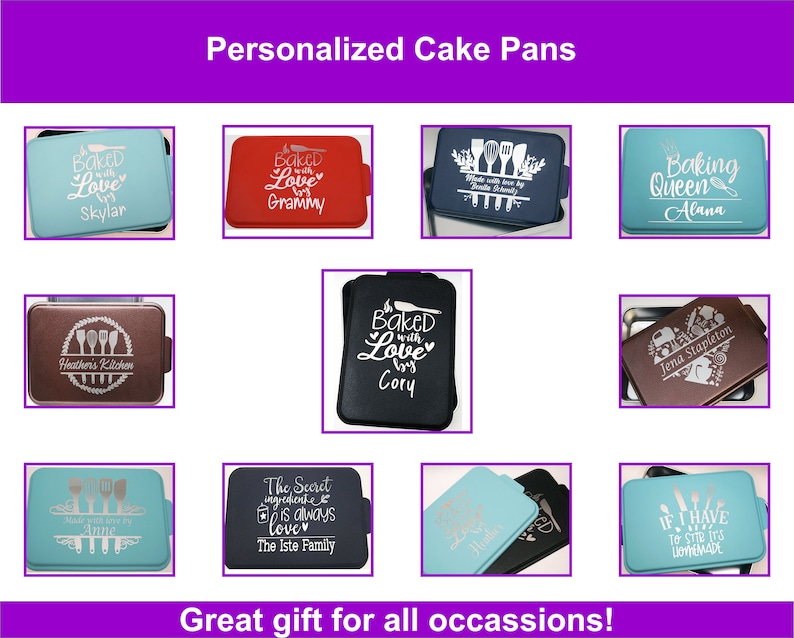 Puede incluir: Una colecci&oacute;n de moldes para pasteles personalizados con varios dise&ntilde;os y textos. Los moldes son de diferentes colores, incluyendo rojo, azul, marr&oacute;n y turquesa. Algunos de los textos incluyen "Baked with Love", "Baking Queen" y "Heather's Kitchen".