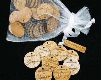 Double Sided 1" Round Personalized Product Tags, Clothing Labels - Wooden Tags, Engraved Wood Product Labels, Made With Love Tags