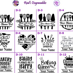 Puede incluir: Doce dise&ntilde;os en blanco y negro para archivos SVG con tem&aacute;tica de cocina. Los dise&ntilde;os incluyen utensilios de cocina, citas de reposter&iacute;a y una corona con el texto "Reina de la cocina".
