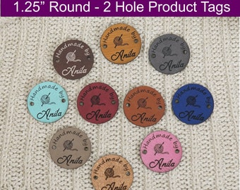 1.25" Round Vegan Leather Knitting Labels - Custom Clothing Tags, Crochet Labels  - Product Labels, Personalized Tags