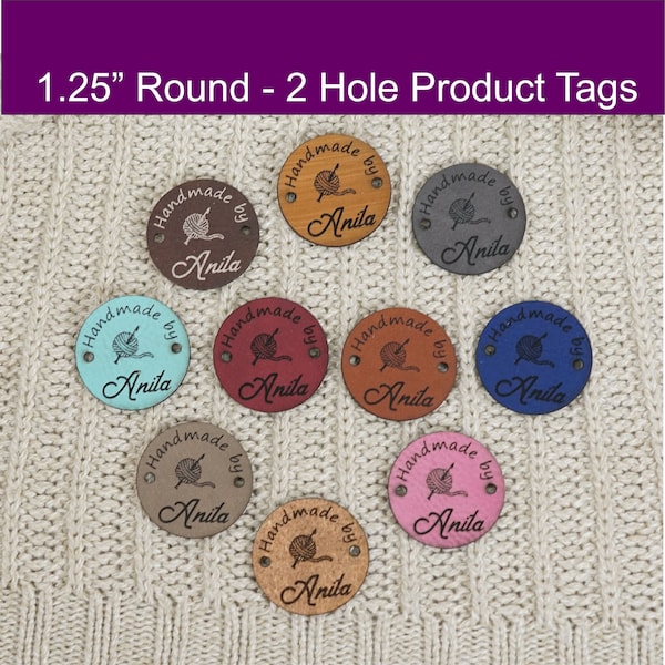 1.25" Round Vegan Leather Knitting Labels - Custom Clothing Tags, Crochet Labels  - Product Labels, Personalized Tags