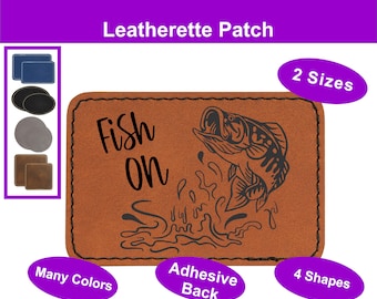 Fish On Fishing Hat, Baseball Cap Patch, Engraved Leatherette Hat Patches, Custom Leather Patch, Vegan Leather