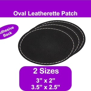 Könnte beinhalten: Drei schwarze ovale Lederimitat-Patches mit weißen Nähten. Die Patches haben eine Kleberückseite und sind in zwei Größen erhältlich: 7,6 cm x 5,1 cm und 8,9 cm x 6,4 cm.