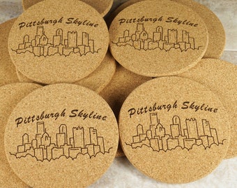 Pittsburgh Cork Coasters, Pittsburgh Skyline, tema Cork Coaster,Medi Coaster Set,Housewarming Coaster Set,Housewarming Cork Coaster Set
