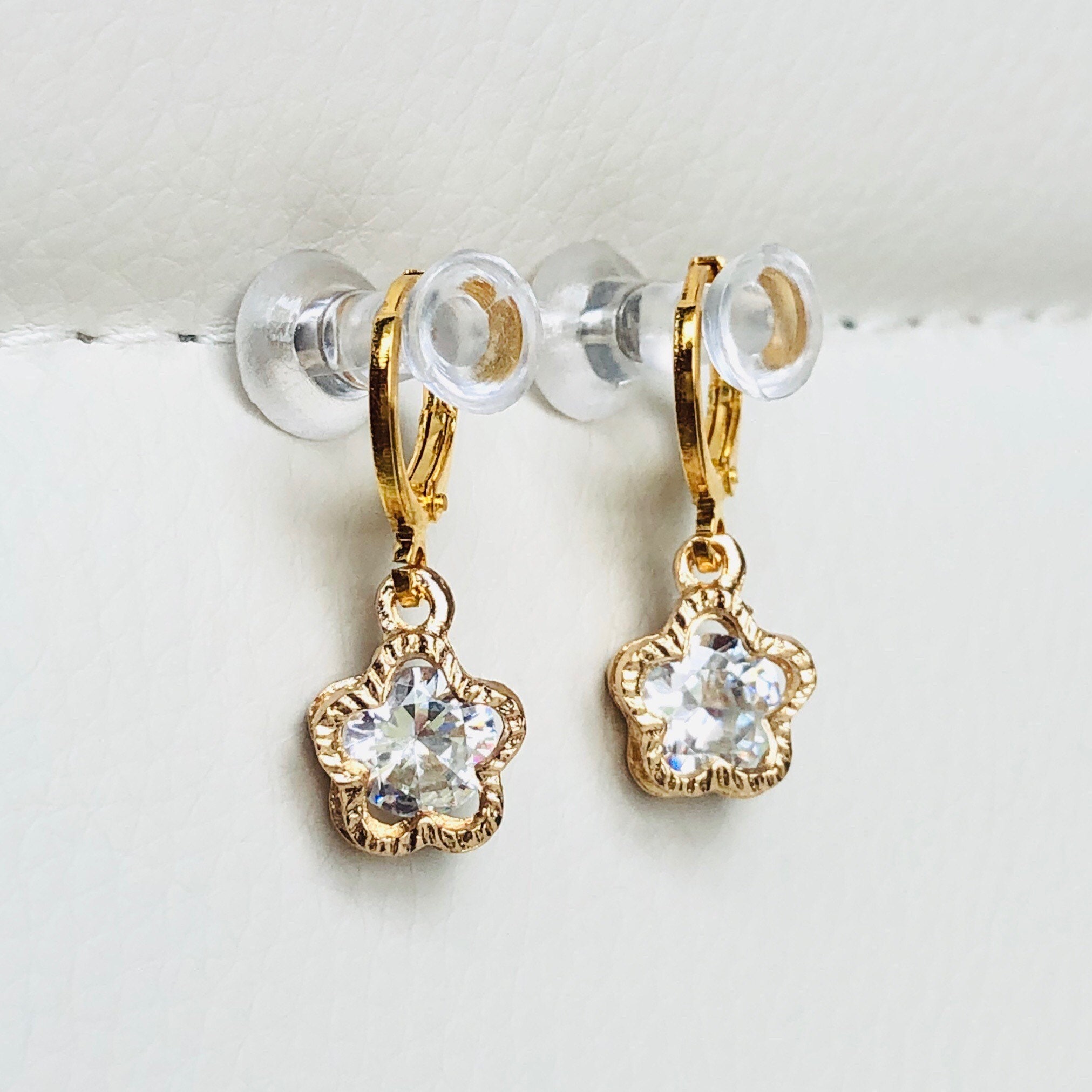 Gold Cubic Zirconia Flower on Leverback Gold Earrings. Cubic
