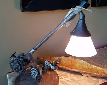 Unique Steampunk Table Lamp with Salvaged Gears