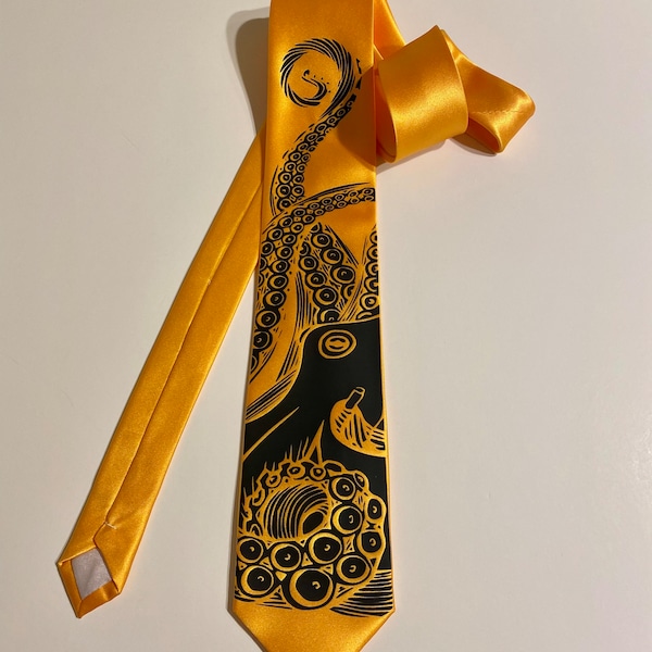 Octopus Tie, Great Golden Yellow Necktie- Black Design, Fun and Unique, Amazing Gift, Birthday, Anniversary, Wedding, Cool