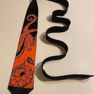 Octopus Necktie, Black tie - Orange Design! Great Gift , Great Quality, Great Art