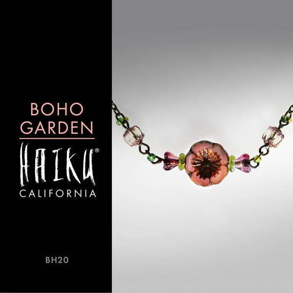 Boho Garden by HaikuCalifornia: Pink & green flowers and green leaves necklace with bronze chain.