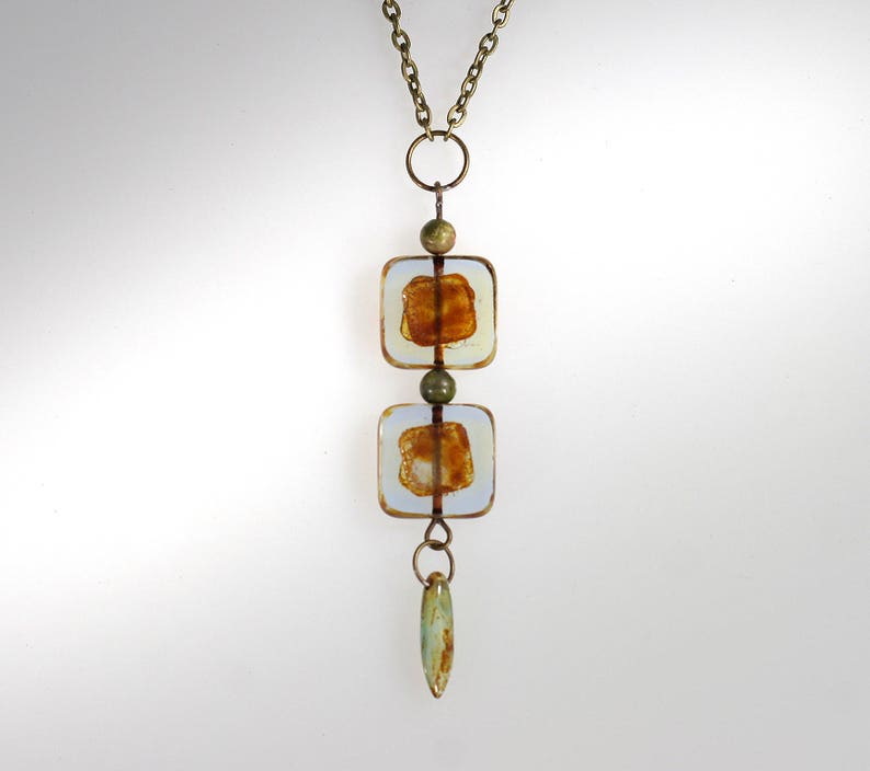 Mid Century by HaikuCalifornia Geometric light green and brown double square pendant necklace with bronze chain.