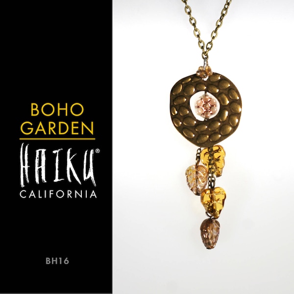 Boho Garden by HaikuCalifornia: Pink flowers and yellow, pink & bronze leaves pendant necklace with bronze chain.