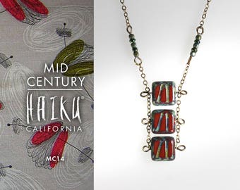 Mid Century by HaikuCalifornia: Triple red and green glass squares ladder necklace with bronze chain.