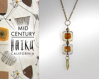 Mid Century by HaikuCalifornia Geometric light green and brown double square pendant necklace with bronze chain.