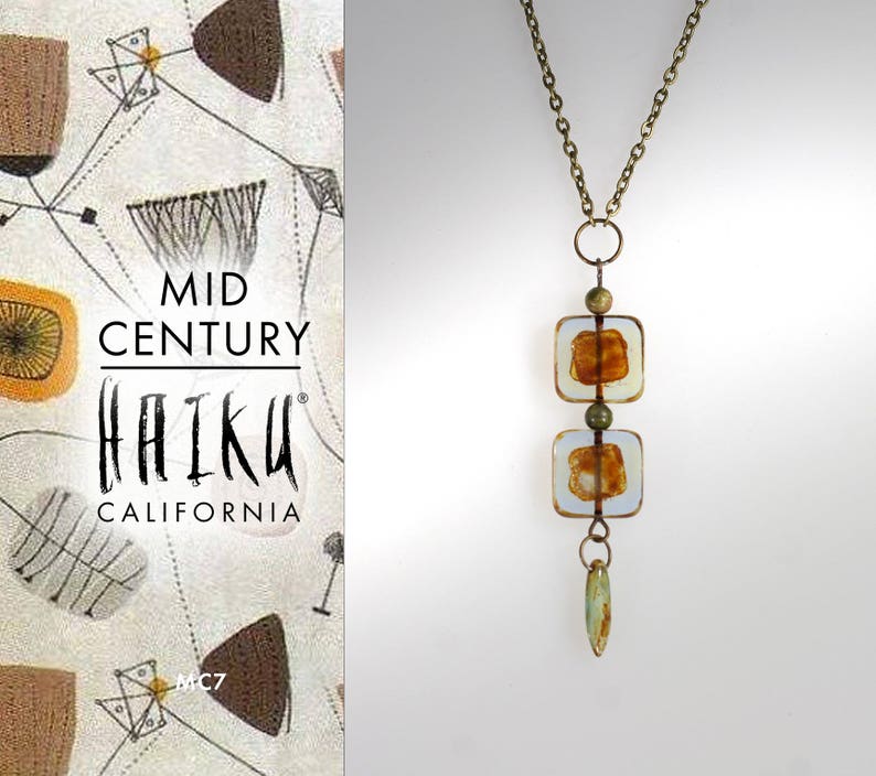 Mid Century by HaikuCalifornia Geometric light green and brown double square pendant necklace with bronze chain.
