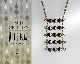 Mid Century by HaikuCalifornia Geometric light green and brown double square pendant necklace with bronze chain.