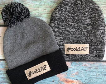 coldAF™ Stamped Cozy Warm Funny Knit Winter Hat with Pom or Beanie