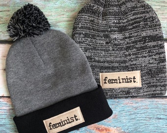 Feminist Stylish Soft Cozy Knit Winter Hat with Pom Pom or Beanie hat