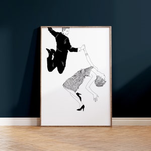 May include: A black and white line drawing of a couple dancing. The man is jumping in the air and holding the woman's hand. The woman is leaning back and her dress is flowing.