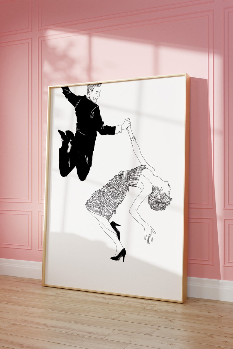 May include: A black and white line drawing of a couple dancing. The man is jumping in the air while holding the woman's hand. The woman is bending backwards and holding the man's hand. The drawing is framed in a gold frame.