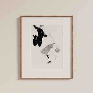 May include: A black and white line drawing of a couple dancing. The man is wearing a suit and the woman is wearing a dress. They are both jumping in the air.