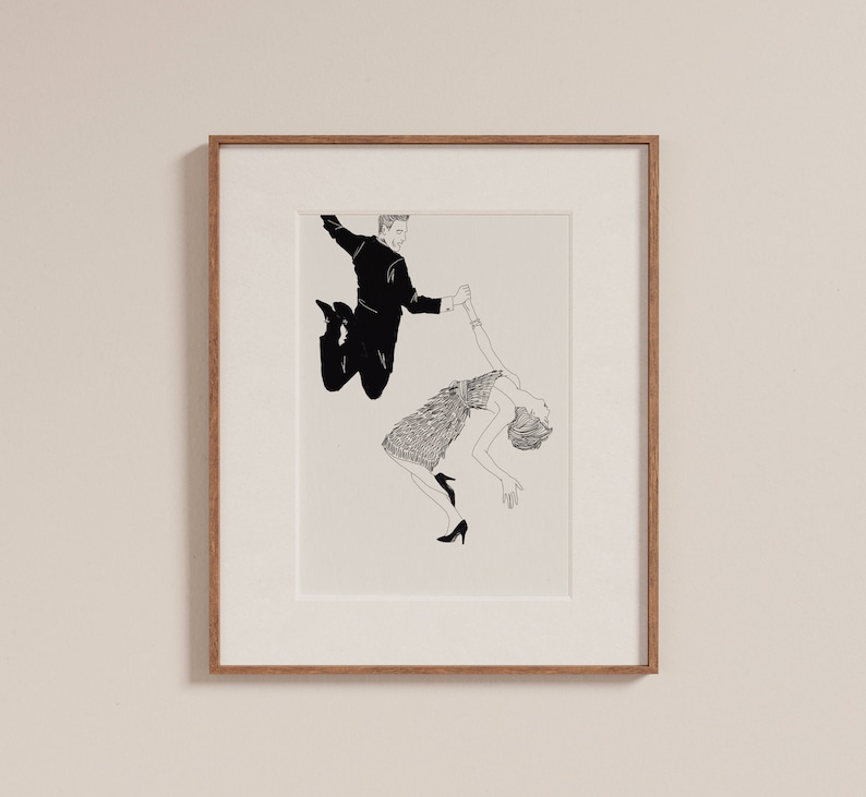 May include: A black and white line drawing of a couple dancing. The man is wearing a suit and the woman is wearing a dress. They are both jumping in the air.