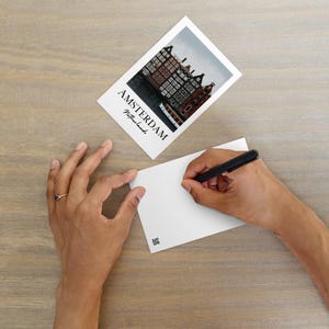 Impressão de cartão postal de viagem de Amsterdã, Holanda | Casas do canal Damrak, Holanda | Ideias para presentes de arte em cartão postal de lembrança holandesa | 4 x 6 polegadas