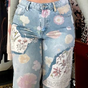 Upcycled Floral Jeans, Handstitched Patches, Size 10