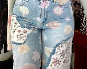 Vaqueros florales reciclados, parches cosidos a mano, talla 10