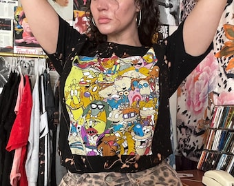 Camiseta estampada con personajes de dibujos animados de Nickelodeon de los 90, efecto desteñido, talla L.