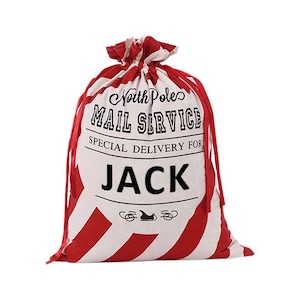 May include: Red and white striped Santa sack with the text "North Pole Mail Service Special Delivery For JACK" printed on the front.