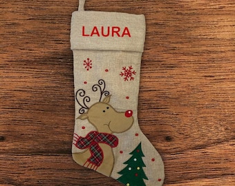 Personalised Christmas Stocking - Modern Reindeer - Embroidered Name