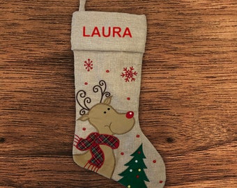 Personalised Christmas Stocking - Modern Reindeer - Embroidered Name