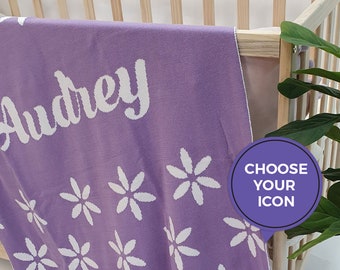 Personalised Icon Pattern Blanket - 100% Cotton Knitted Name Blanket, 5 Sizes, Custom Toddler Gift, Toddler Gift, Baby Gift, Cot, Bassinet